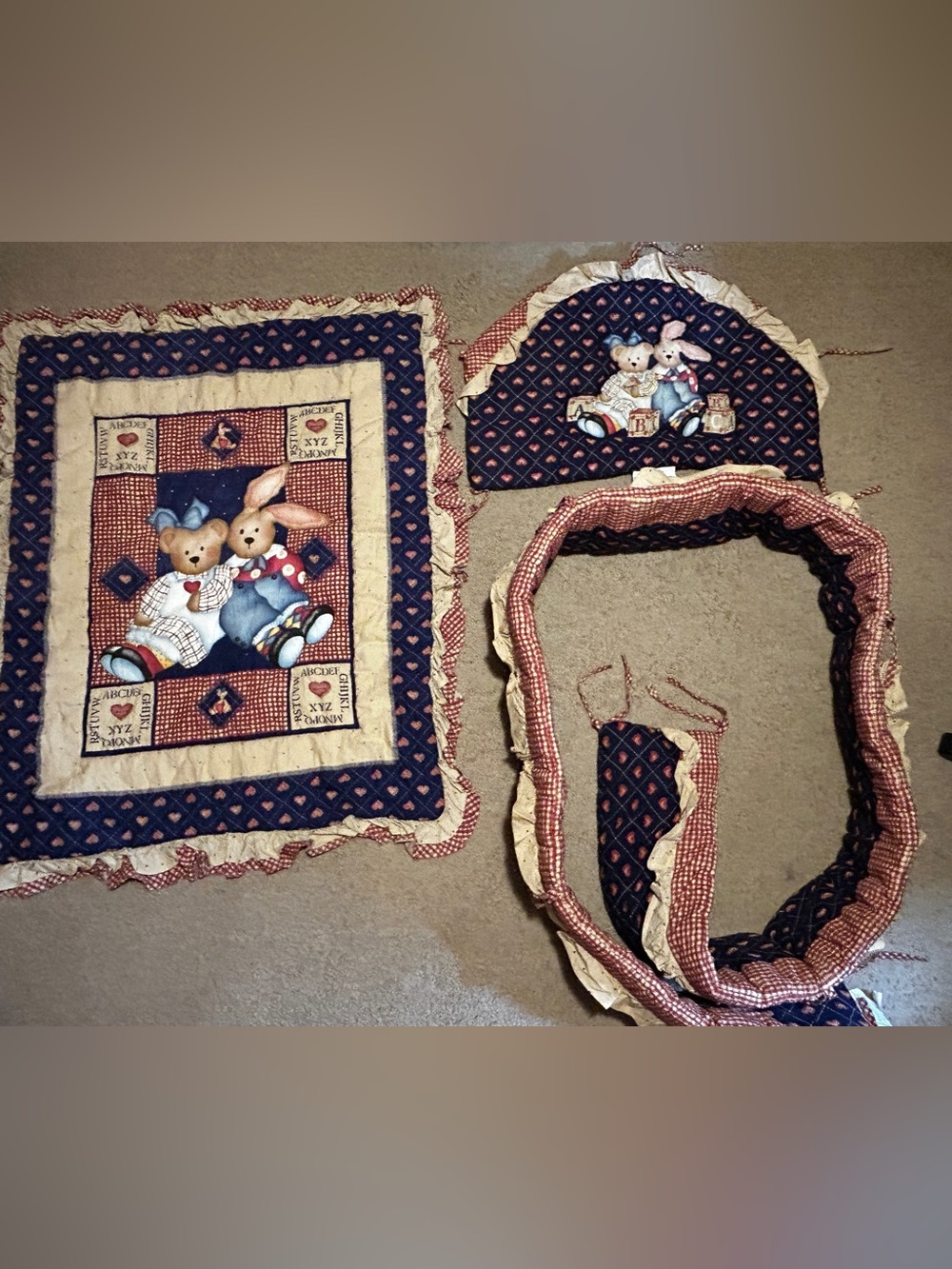 Vintage 3-Piece Baby Crib Bedding Set Cotton Made in USA Teddy Bears & Bunnies